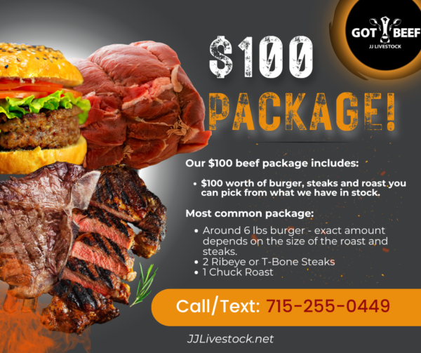 $100 Package – $100 worth of burger, steaks and roast