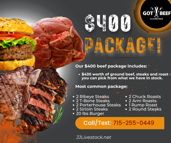 $400 Package – $430 worth of ground beef, steaks & roast for $400